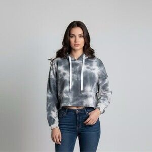 Elodie Hoodie Womens Gray Off-White Tie Dye Cropped Pullover Drawstring